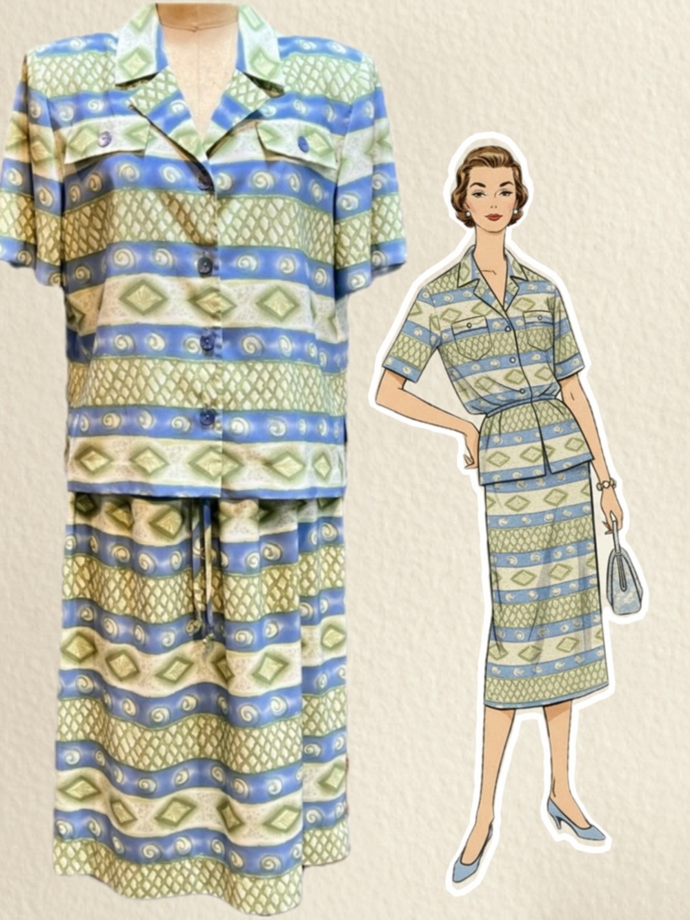 VINTAGE 2 piece dress set‎ skirt button down blouse drawstring elastic tropical